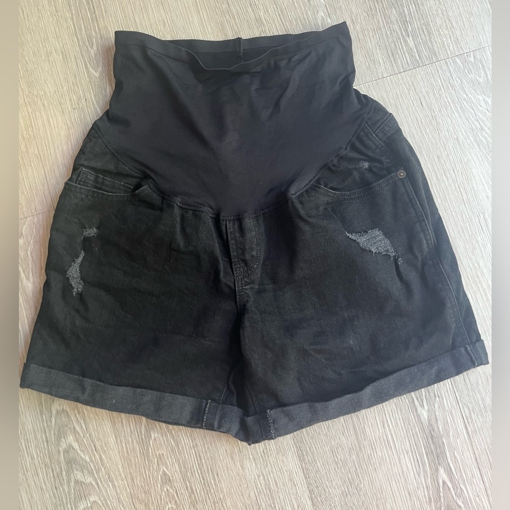 Maternity black distressed jean shorts